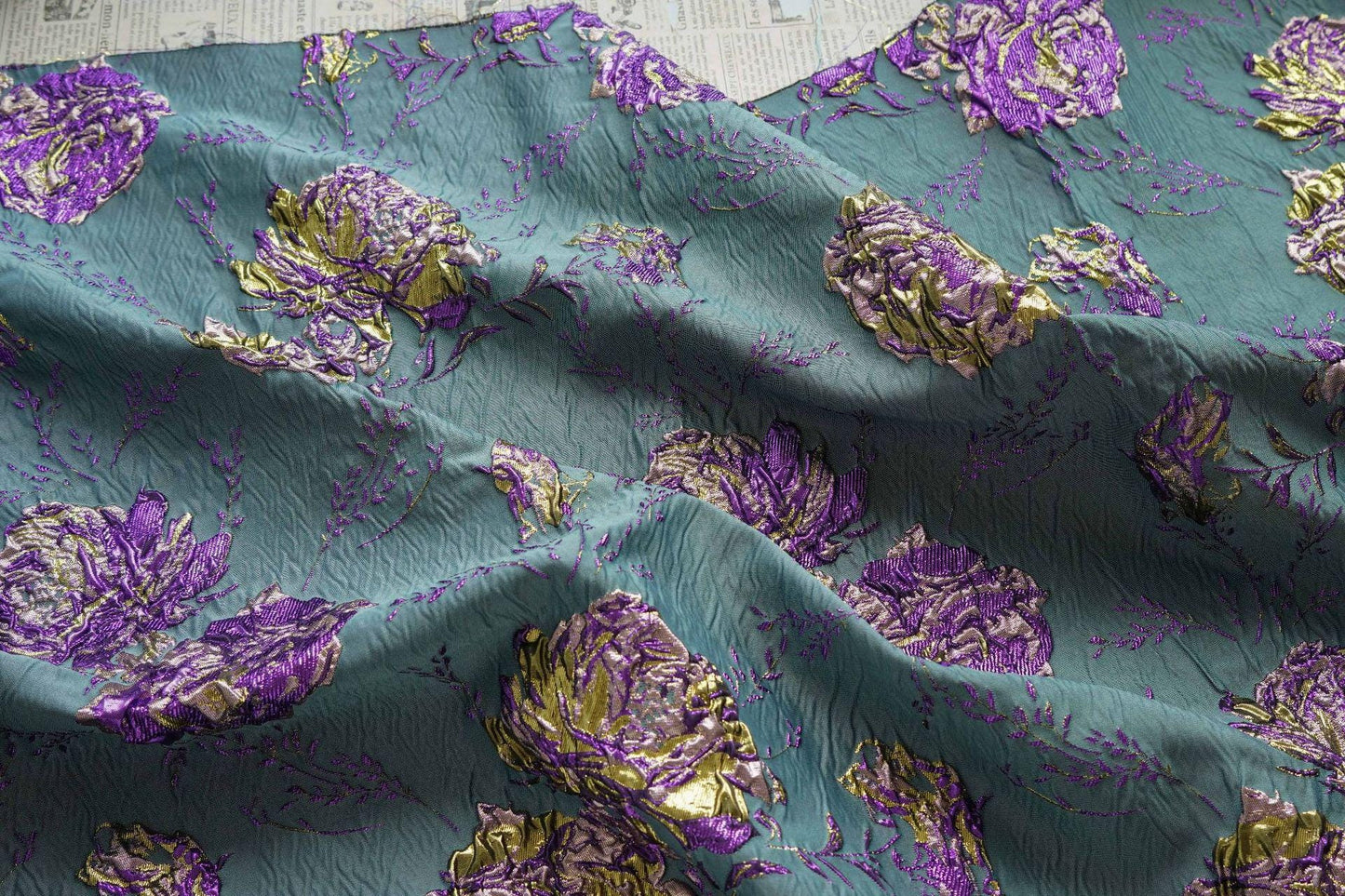 Gold Thread Jacquard Fabric: 3D Designer Prom Fabric, 63" Wide