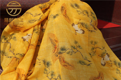 Tissu en lin à motif de grues jaunes : Décoration zen, Ameublement, Couture (55 po de largeur)