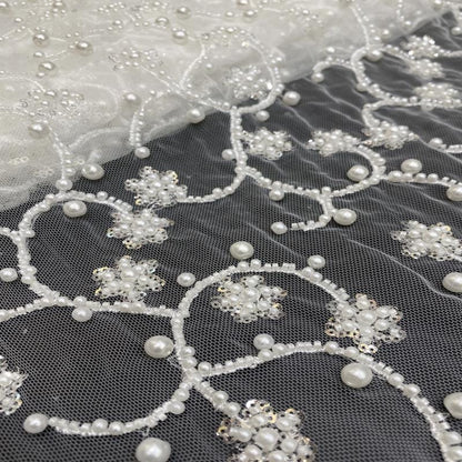 High-End Beaded & Sequin Fabric ��� 4/6/8mm Pearl Embroidery, Wedding Dress, Bridal Gown Material, Prom Dress, Luxury Fashion Fabr"Wide