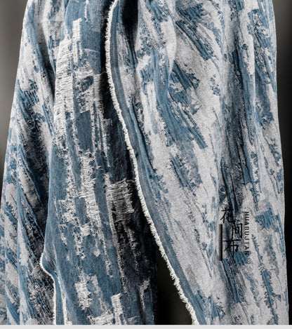 Blue Distressed Denim Jacquard Fabric: Washed Textured Design, 55"W