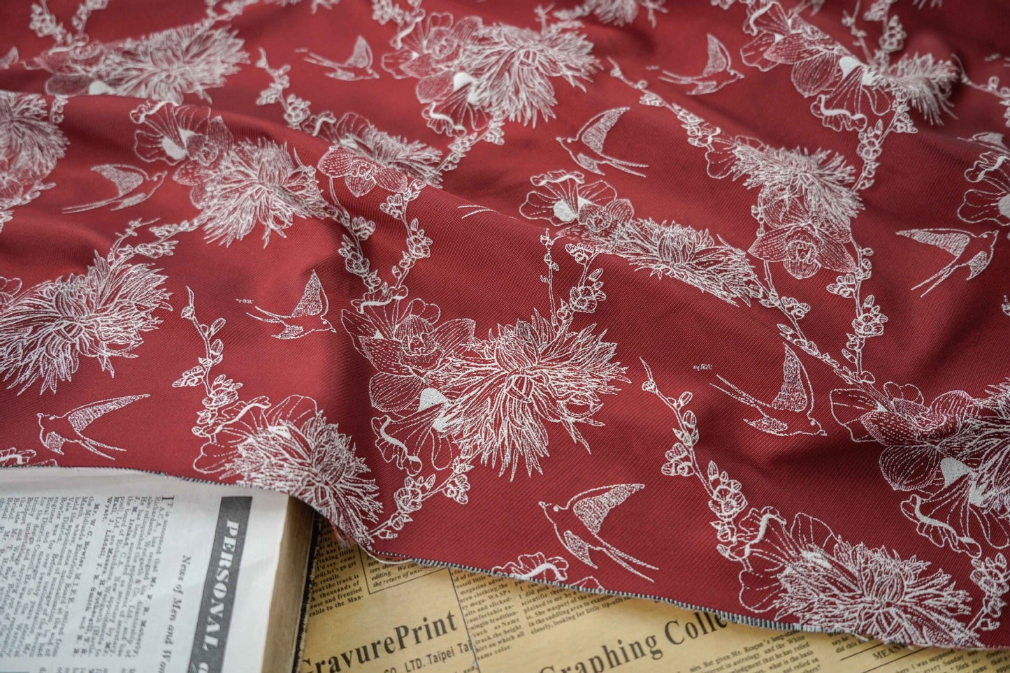 Magpie & Flower Jacquard Fabric: Palace Style Rayon Blend, 55"W