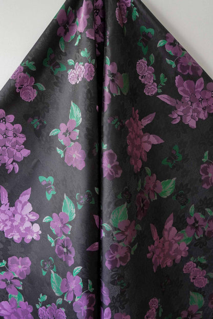 Black Jacquard Qipao Fabric with Purple Floral Pattern ��� Chinese Brocade Upholstery, Quilting, Cheongsam Sewing Fabr"Wide