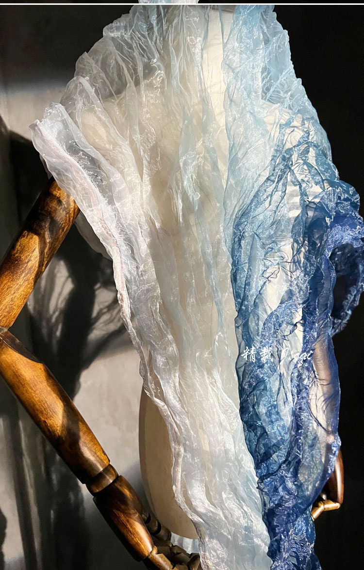 Blue Gradient Organza Fabric: Irregular Pleats, 55" Wide