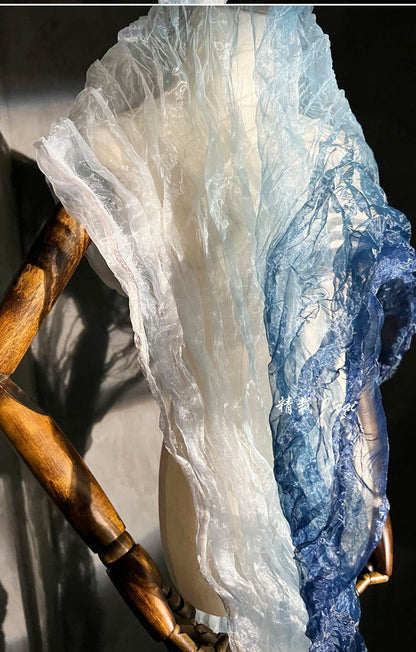 Blue Gradient Organza Fabric: Irregular Pleats, 55" Wide