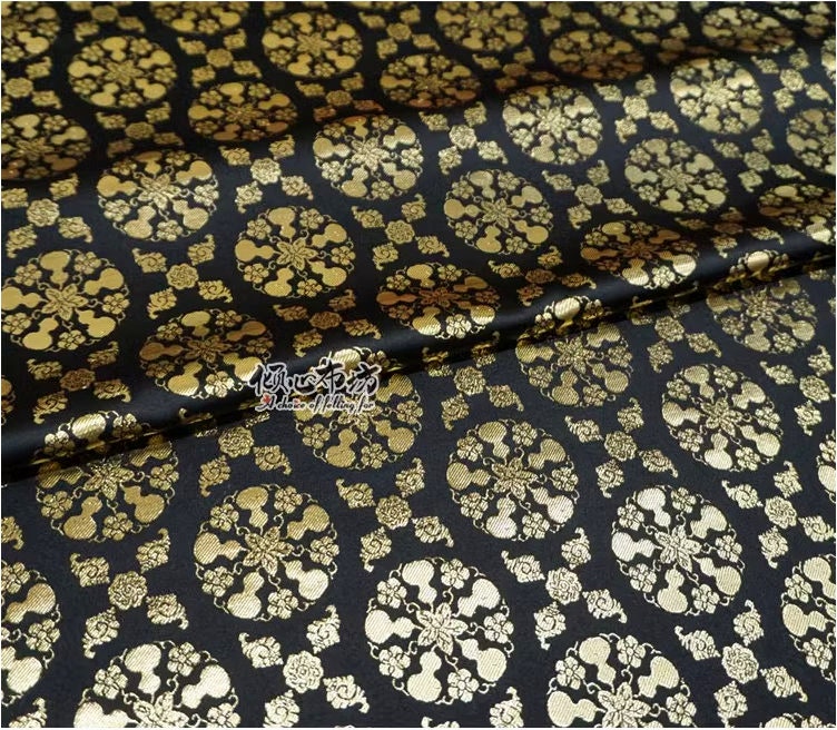 Nishijin Weaving Brocade Fabric: Auspicious Gourd Flower, Gold Thread (59"W)