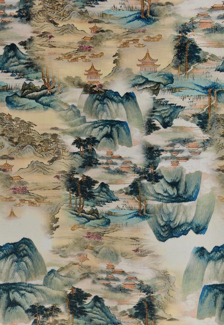 Tissu en coton à motif de peinture à l'encre de Chine : paysage ancien, 140 cm de large