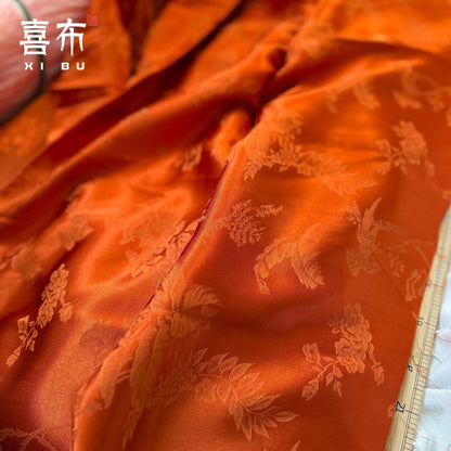 Orange Lotus Bird Jacquard Fabric ��� Silk Rayon Ble" Wide