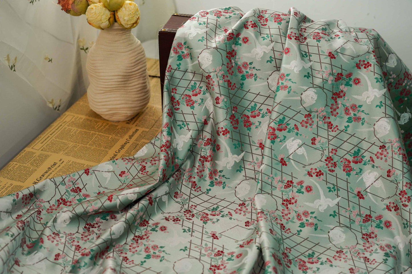 Bird Flower Jacquard Fabric: Grey Woven Upholstery, Drapery, Sewing (65"W By 1 Meter)