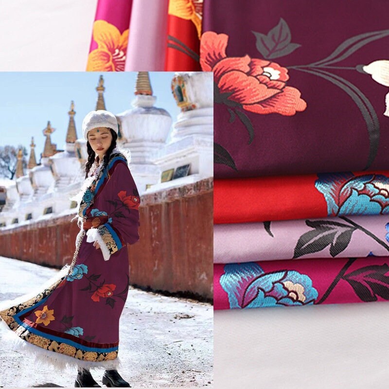 Rose Floral Jacquard Satin Fabric: Tibetan Robe, Upholstery (29.5"W)