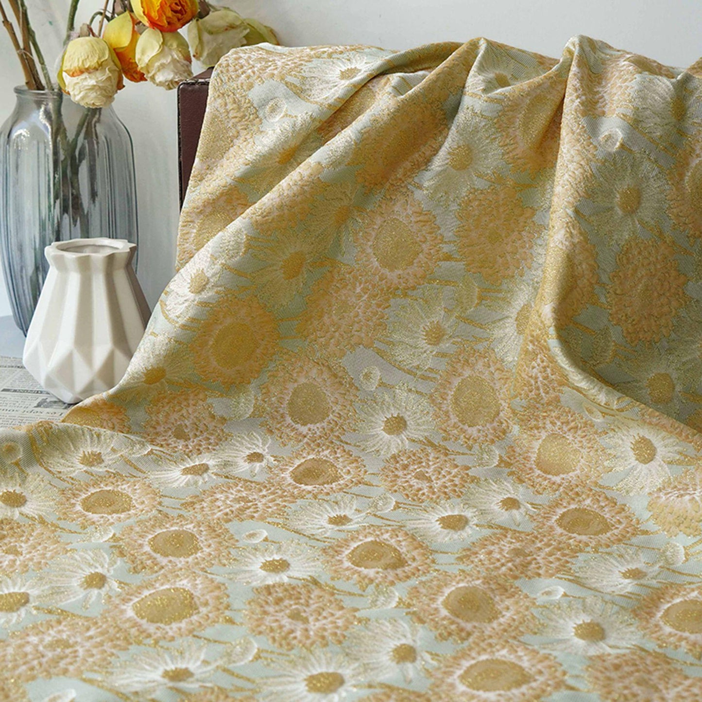 Embossed Daisy Jacquard Fabric With Gold Thread: Vintage Court Style, 63"W