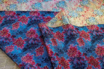Gold Thread Floral Jacquard Fabric: Blue & Red Costume Dress Material