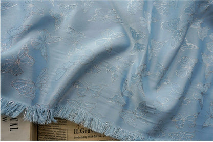 Blue Butterfly Jacquard Fabric: Silver Thread Rayon, 59" Wide