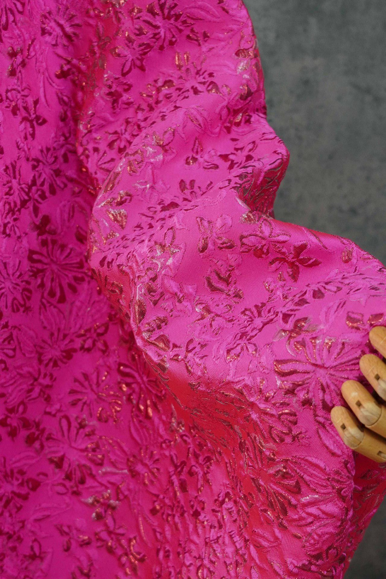 Rose Red Floral Jacquard Fabric ��� Embossed Gold Home D��cor T" Wide