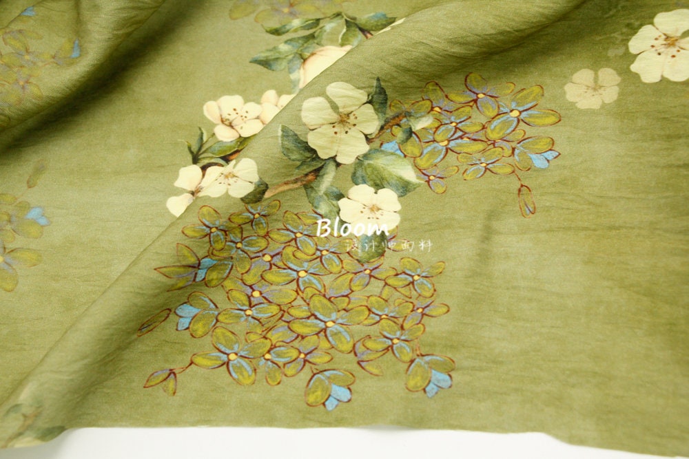 Floral Autumn Green Hemp Tencel Linen Fabric: Sewing & Crafts