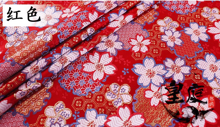 Japanese Cherry Blossom Jacquard Brocade Fabric: Red & Gold Silk Rayon Blend