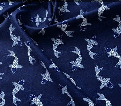 Japanese Cotton Fabric: Blue Koi Fish Print, Sewing & Upholstery