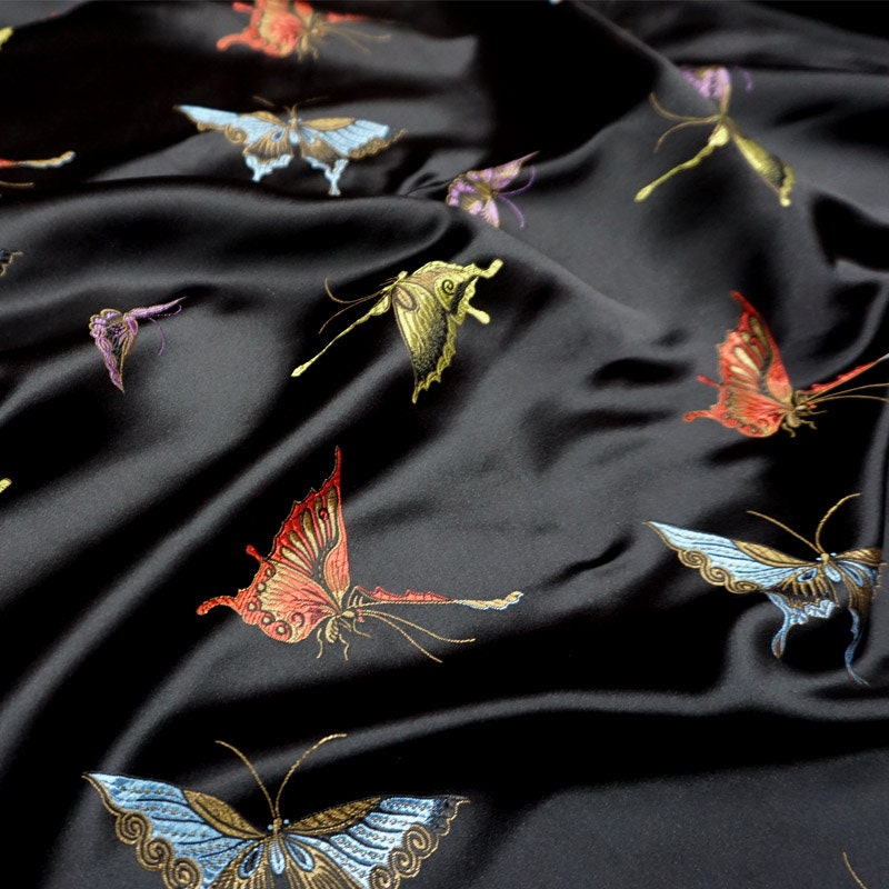 Black Silk Brocade Fabric: Butterfly Floral Jacquard (45"W)