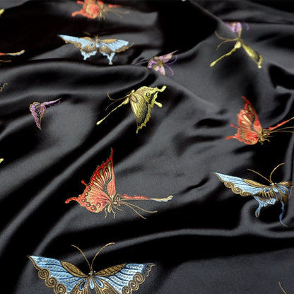Black Silk Brocade Fabric: Butterfly Floral Jacquard (45"W)