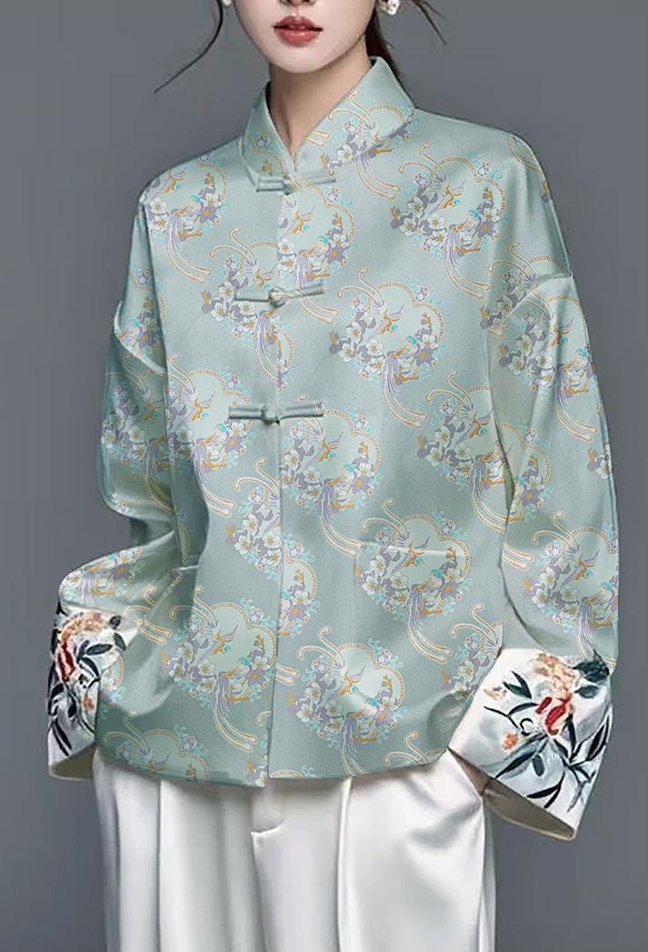 Tissu de kimono Nishijin bleu aqua : brocart floral à fils d'or (59"L)