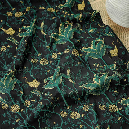 Dark Green Jacquard Fabric: Gold Thread 3D Designer Fabric, 65" Wide