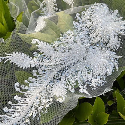 Embroidered Lace Trim: Light Ivory Bridal Wedding Veil Fabric, Sequins (By Yard)