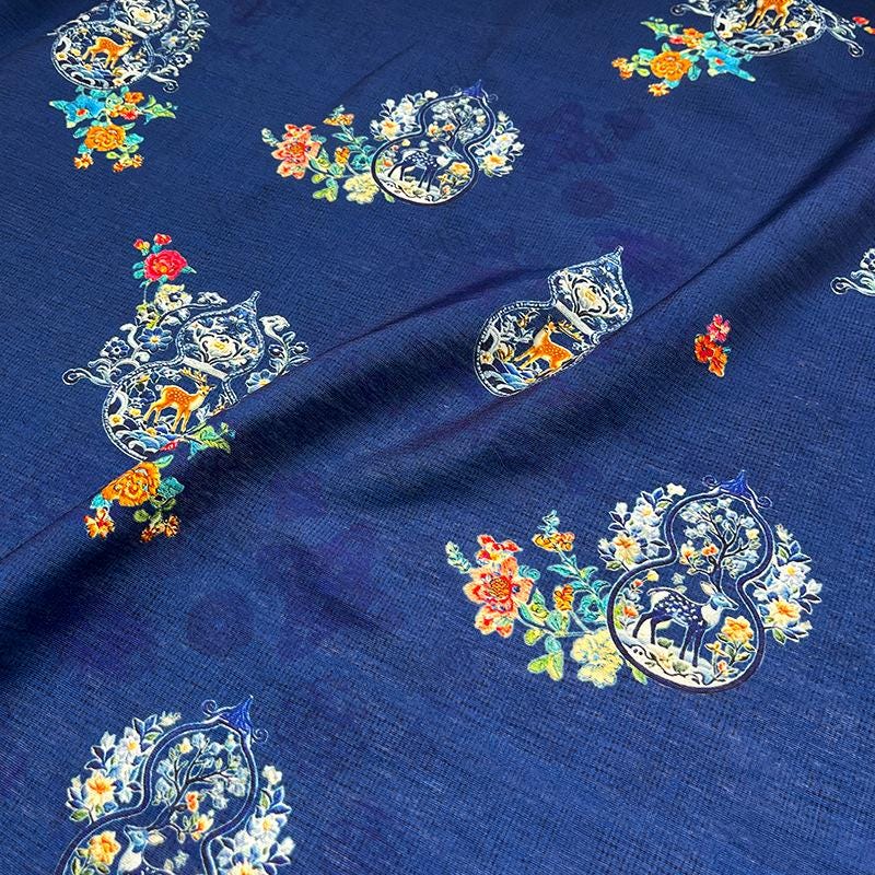 Royal Blue ���Fu Lu��� Floral Chinese Style Digital Print Cotton Brocad" Wide
