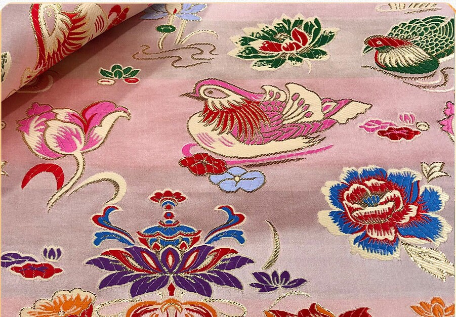 Mandarin Duck Brocade Fabric: 59"W Floral Embroidery, Wedding Dress Material