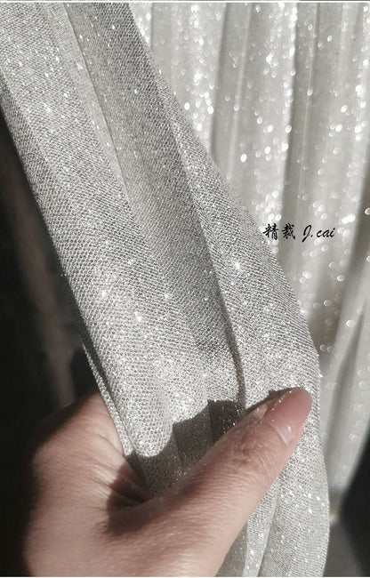 Silver Glitter Pleated Knitted Fabric: 59"W Crepe Cosplay Fabric