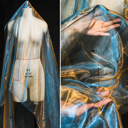 Tissu organza sirène bleu et or - 150 cm de large - Costume/Décoration à faire soi-même