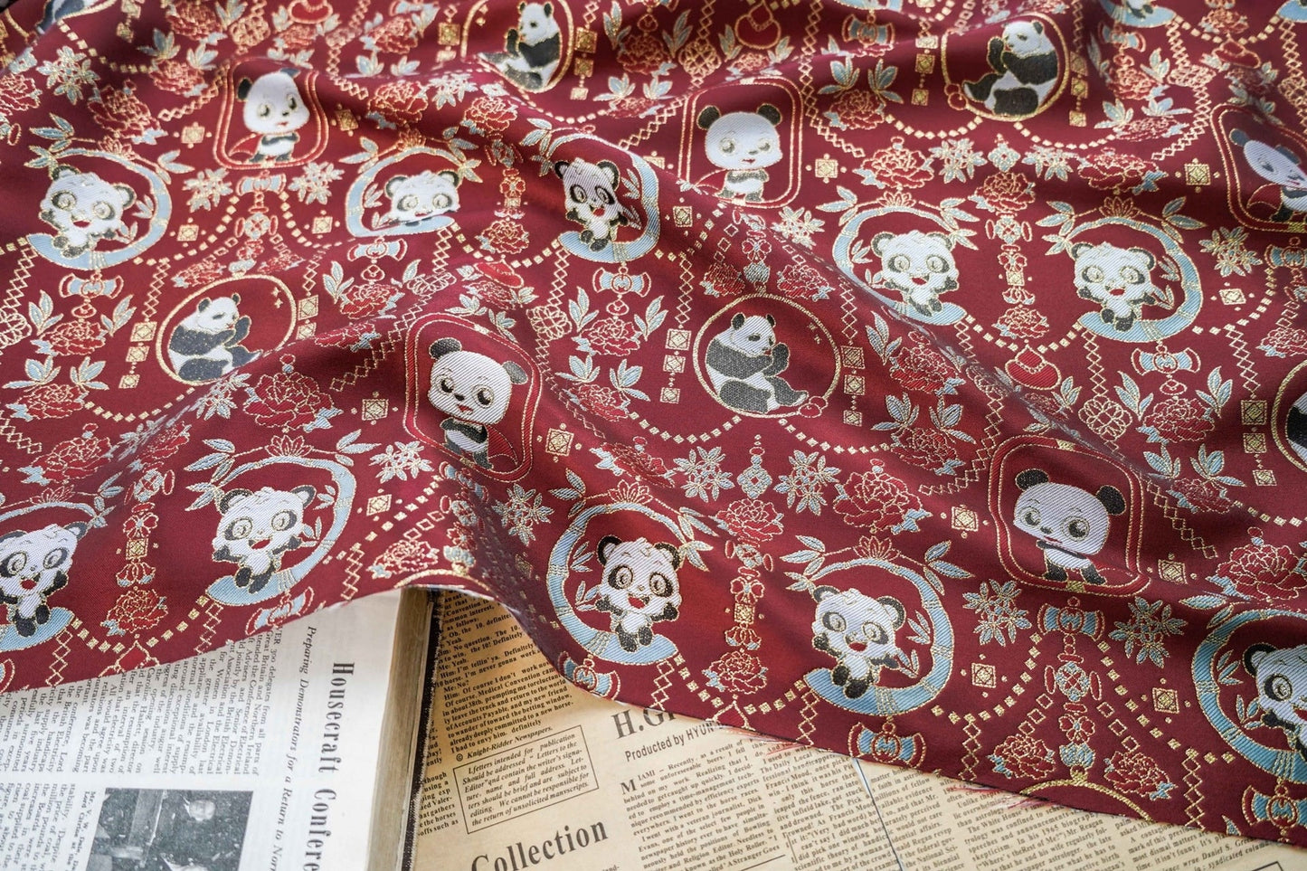 Panda Jacquard Fabric With Gold Thread: 59" Wide, Cheongsam Costume Decor
