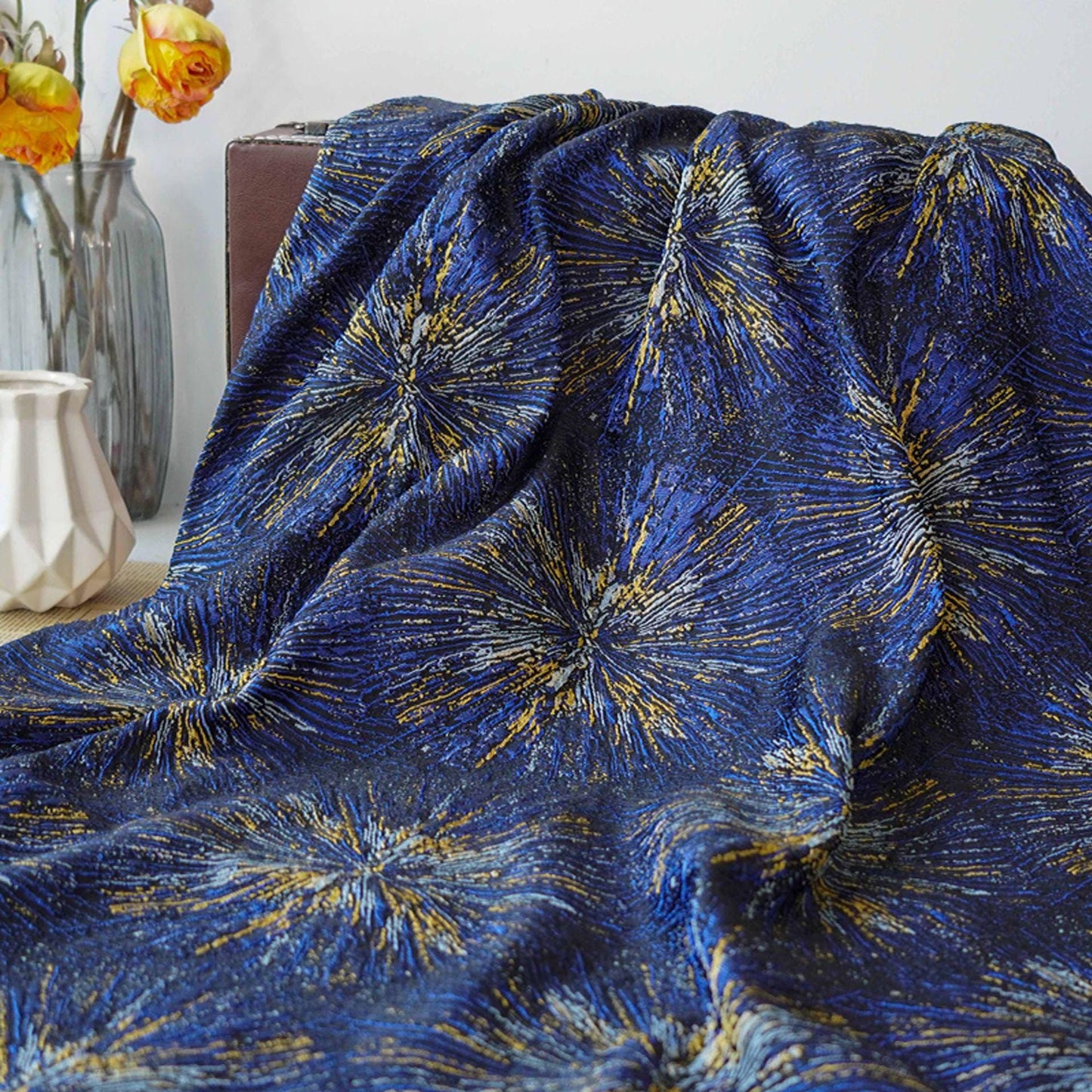Gold Embroidered Jacquard Fabric: Luxury Floral Upholstery, Costume, Decor