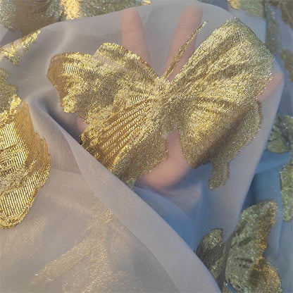 Gold Thread Jacquard Organza Fabric: 3D Embossed Texture, 57" Wide