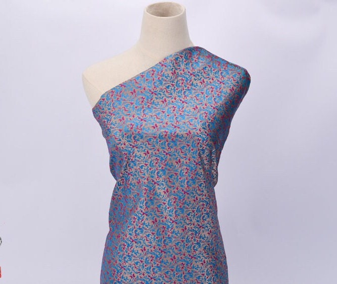 Fuchsia & Blue Brocade Fabric: Reversible Woven Damask, Wheat Pattern