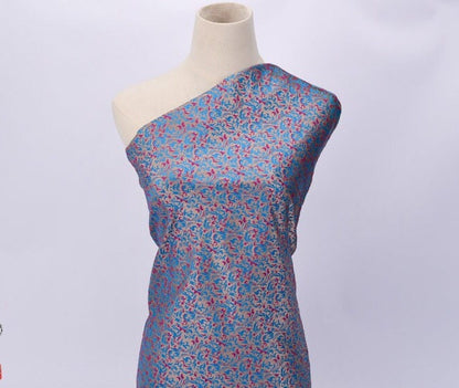 Fuchsia & Blue Brocade Fabric: Reversible Woven Damask, Wheat Pattern