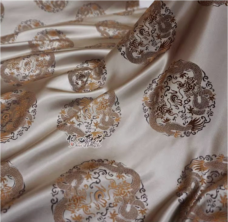 Champagne Chinese Dragon Silk Brocade Fabric: Costume & Decor, 29.5"W