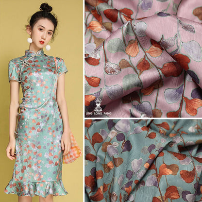 Leaf Print Satin Fabric: Teal Designer Sewing Material