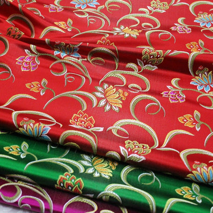 Lotus Jacquard Silk Brocade Fabric: Red, Green, Hot Pink - 29.5" Width
