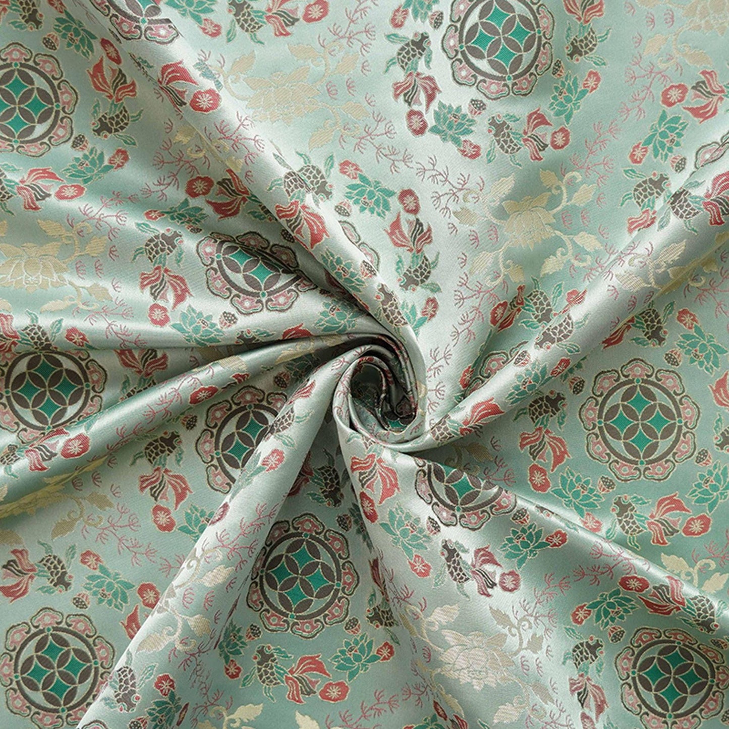 Tissu jacquard réversible bleu turquoise : motif poissons en relief, 165 cm de large