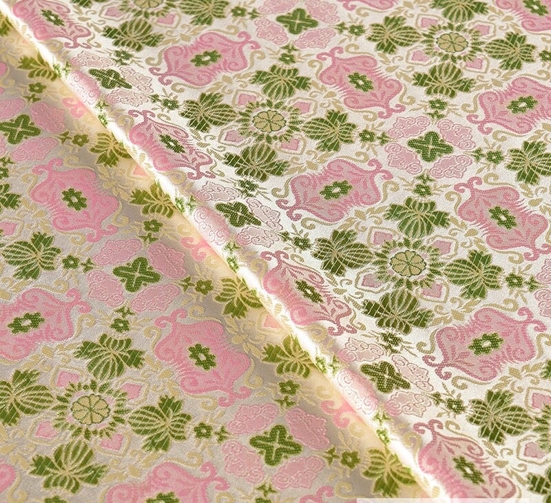 Floral Silk Brocade Fabric: 59"W Pink & Green Upholstery Material