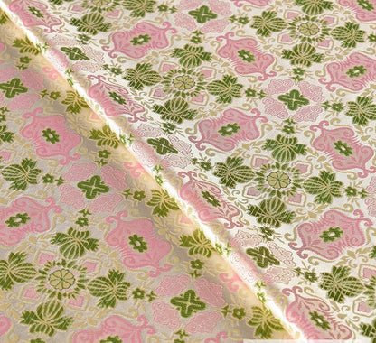 Floral Silk Brocade Fabric: 59"W Pink & Green Upholstery Material