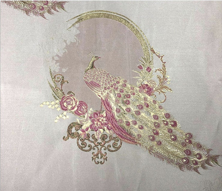Metallic Damask Satin Fabric: 3D Peacock Jacquard, 56"W