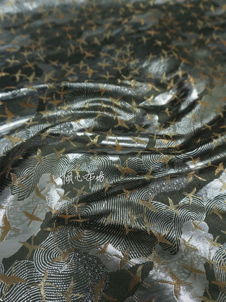 Crane Jacquard Satin Fabric: Silver Grey Retro Brocade, 29.5"W