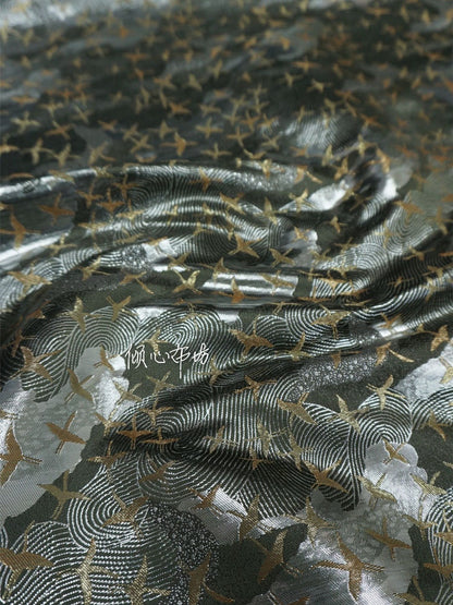 Crane Jacquard Satin Fabric: Silver Grey Retro Brocade, 29.5"W