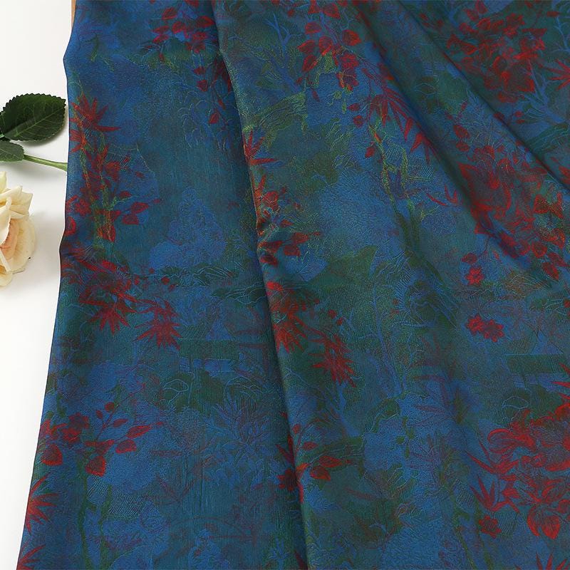 Blue Floral River Print Fabric, Viscose Nylon Blend, 59" Wide