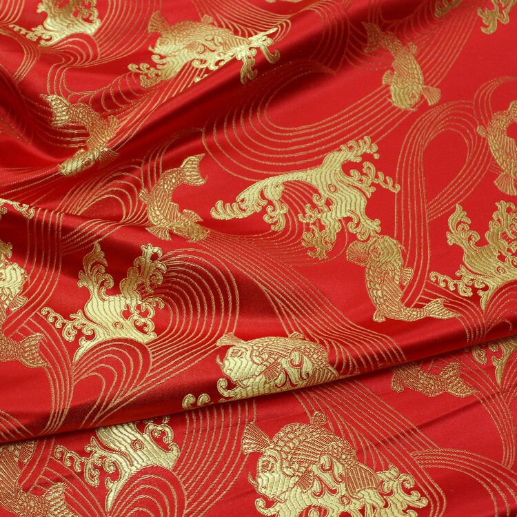 Golden Fish Silk Brocade Fabric: Red Cheongsam Fabric (29.5"W)