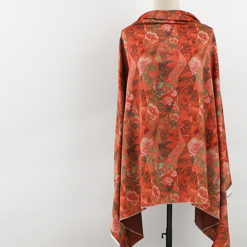 Ancient Painting Pattern Satin Fabric: 59"W Digital Print