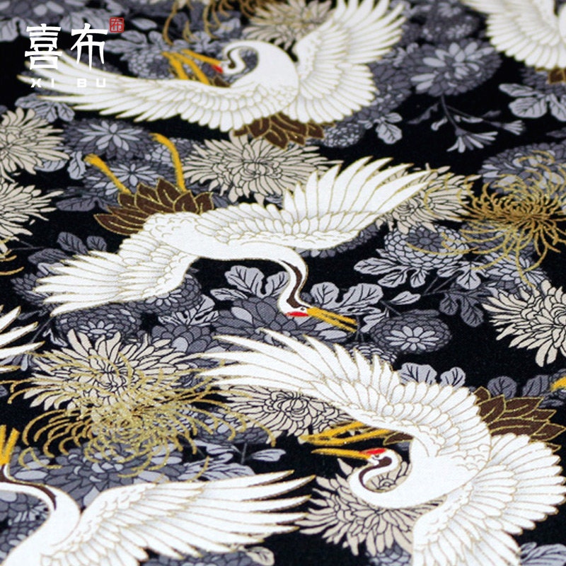 Japanese Crane Fabric: Bronzing Gold Pattern, 100% Cotton, 59"W