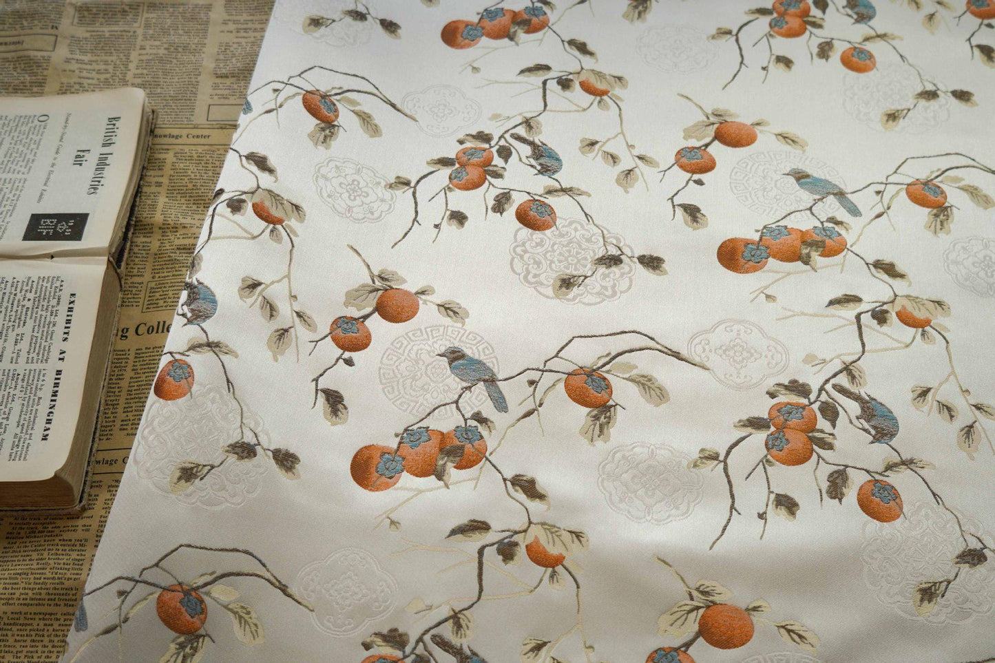 Reversible Jacquard Fabric: Persimmon Ruyi Embossed Woven Textile (65"W)
