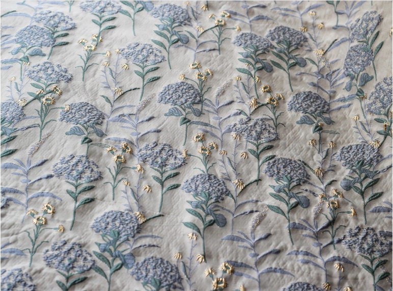 Blue Dandelion Jacquard Fabric: Lurex Woven with Gold, 56" Wide