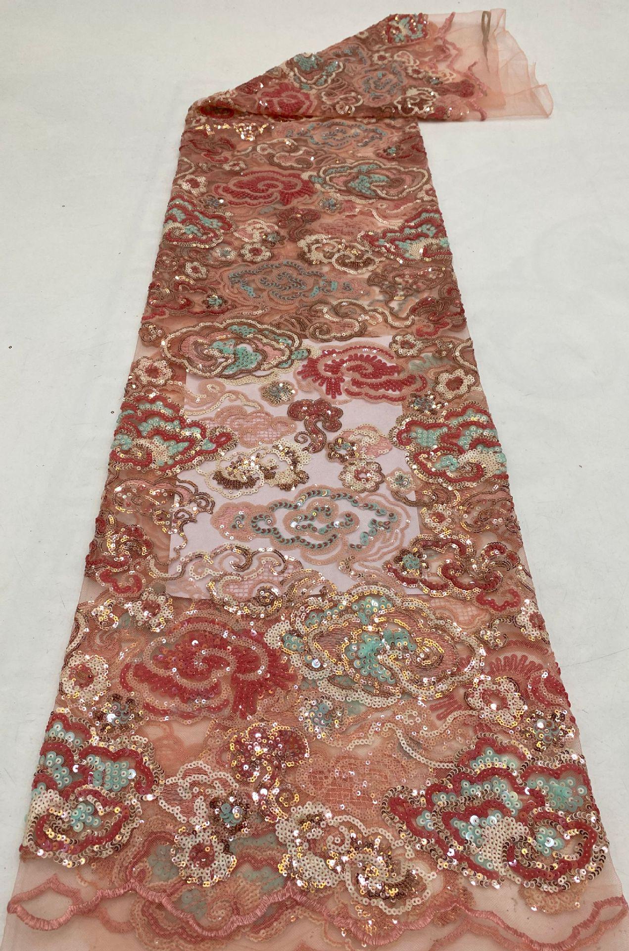 Auspicious Cloud Sequin Embroidery Fabric: Soft See-Through Polyester